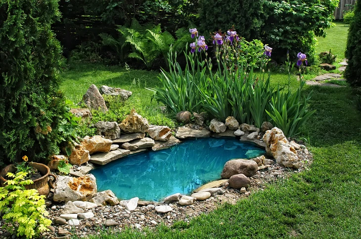 Jardin paysager avec bassin d'ornement aux eaux turquoise, entouré de rocailles naturelles et galets