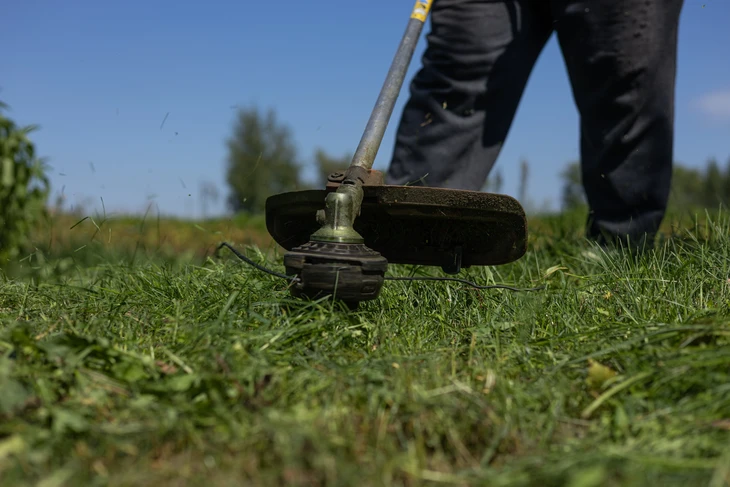 Scène extérieure d'entretien d'espaces verts avec opérateur utilisant débroussailleuse thermique sur terrain herbeux