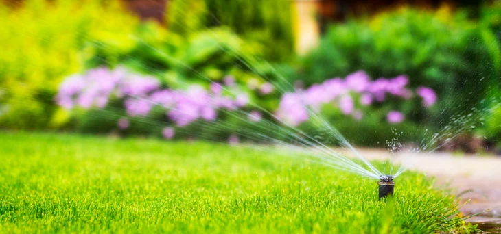 Scène extérieure de jardin avec système d'arrosage automatique en fonctionnement sur pelouse verte
