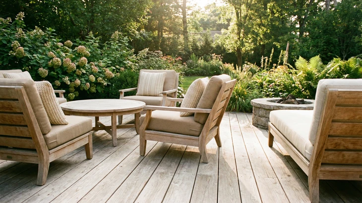 Espace extérieur avec piscine turquoise et terrasse en bois exotique