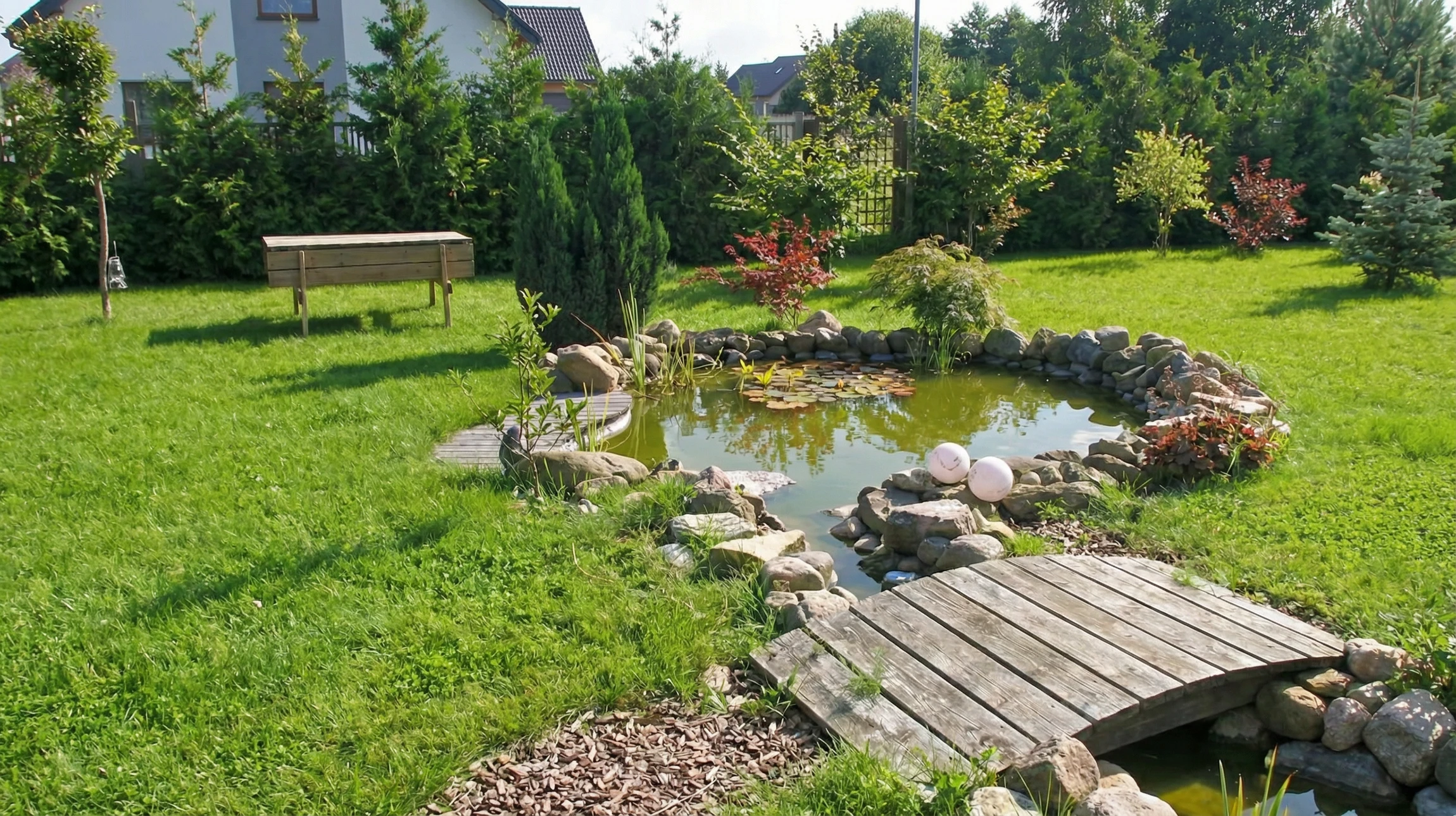 Bassin d'ornement circulaire am&eacute;nag&eacute; dans un jardin paysager avec n&eacute;nuphars et plantes aquatiques